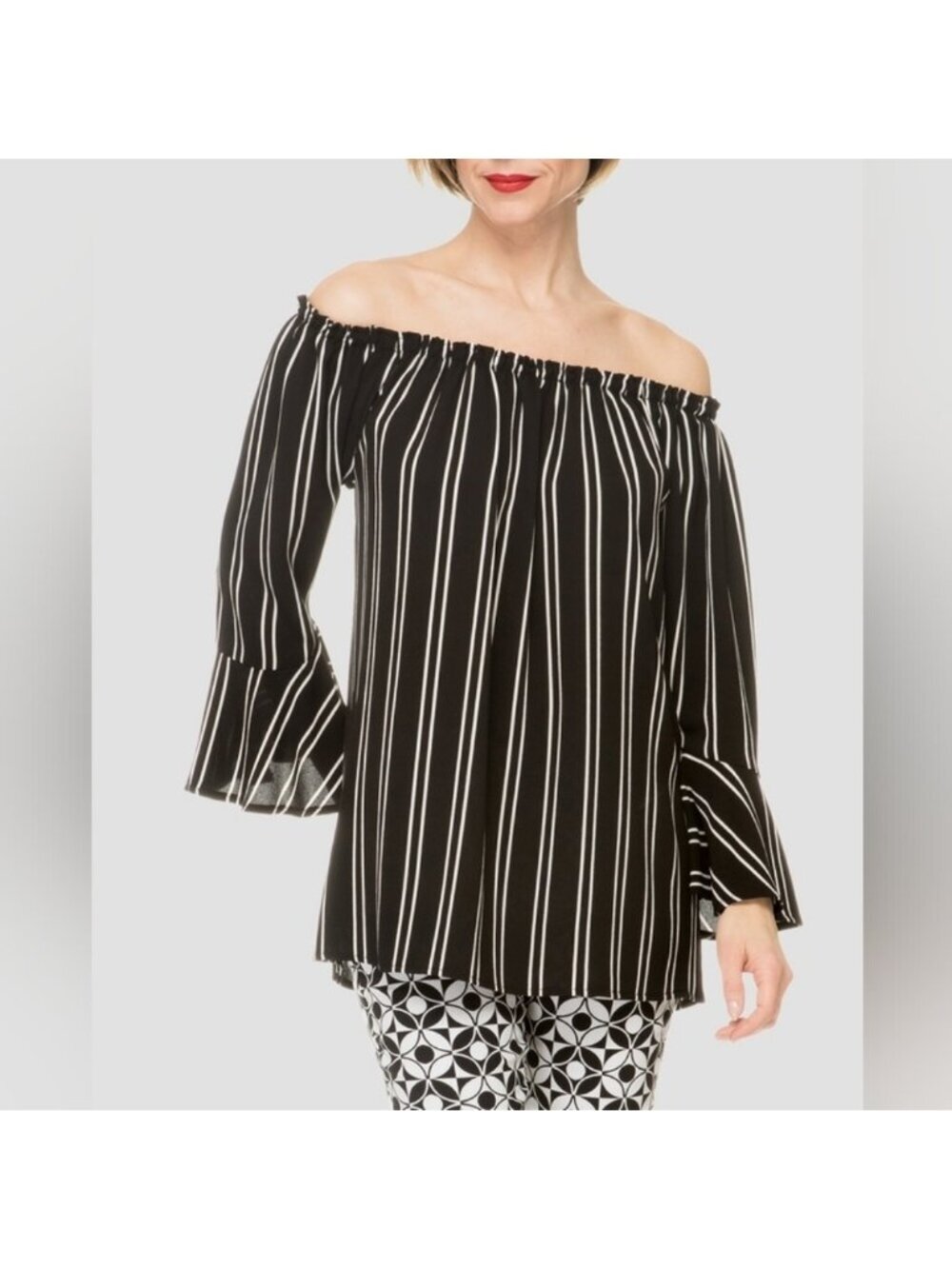 Joseph Ribkoff Black White Stripe Top Off Shoulder Bell Sleeves Size 6 Travel